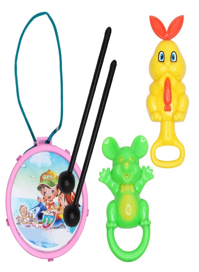 Baal Combo of Musical Drum with Stick and Cartoon Baby Rattles Toy for Kids - Image 1